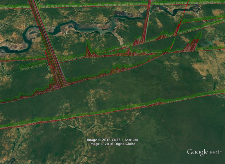 Measurements shown on a Google Earth map 